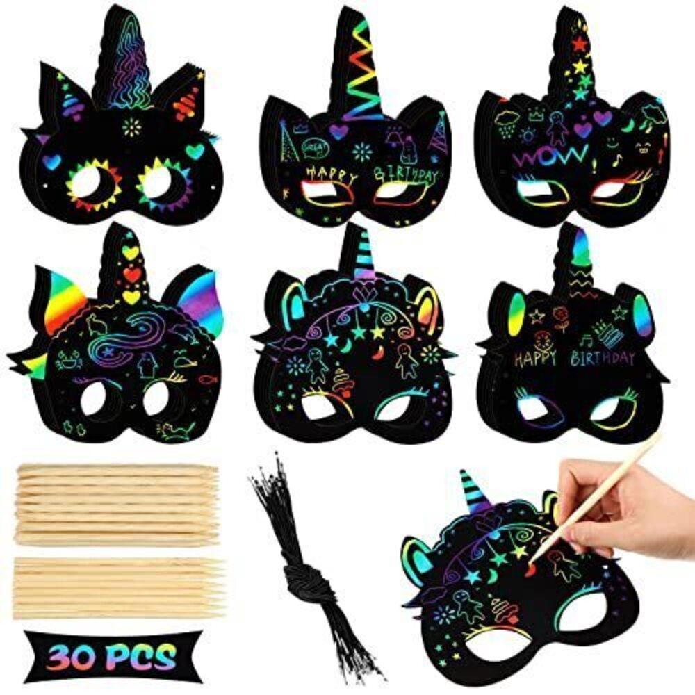 8849 30 Pcs Unicorn Scratch Mask Rainbow Paper Art Mask, Wooden Stylus
